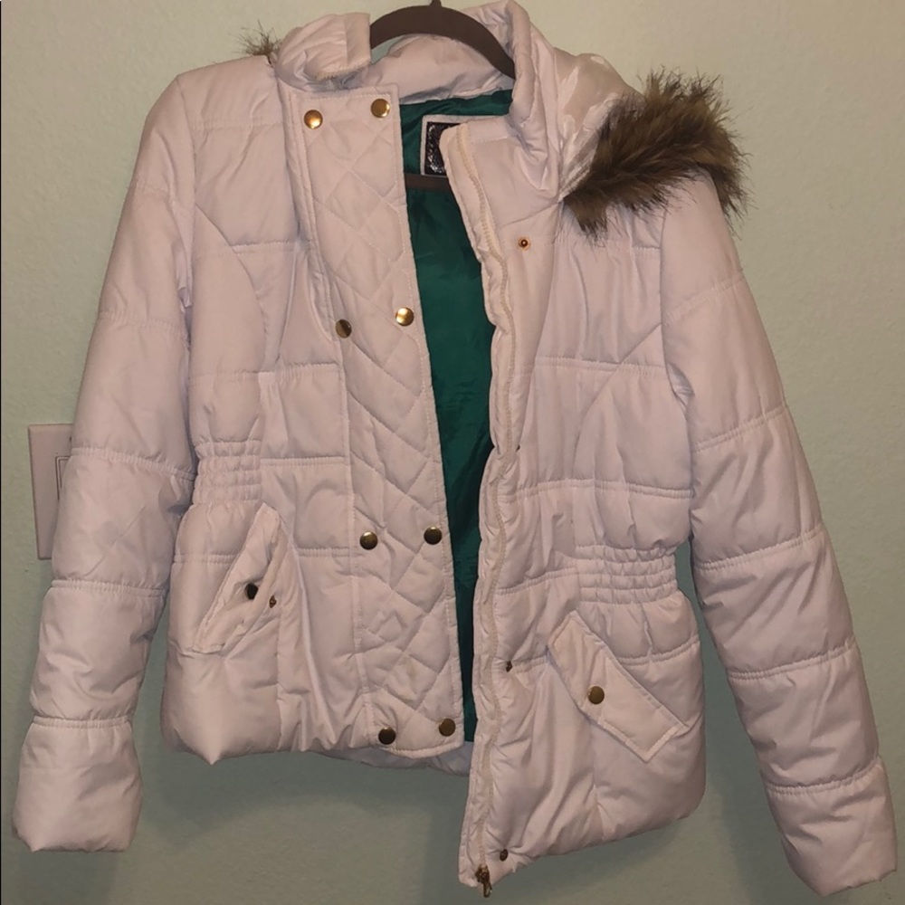 Puffy white snow coat